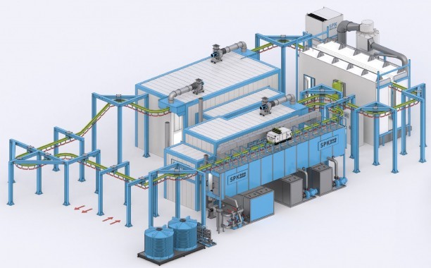 Комплекс оборудования для химической подготовки и порошковой окраски изделий с автоматическим окрасочным конвейером SPK Комплекс оборудования для химической подготовки и порошковой окраски изделий с автоматическим окрасочным конвейером SPK