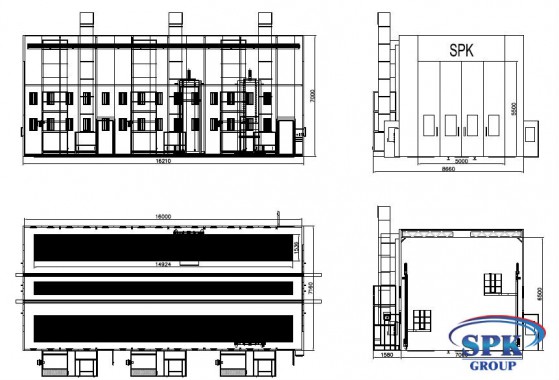 Окрасочно сушильная камера для сварных металлоконструкций с тележкой SPK 16x7x6 Окрасочно сушильная камера для сварных металлоконструкций с тележкой SPK 16x7x6